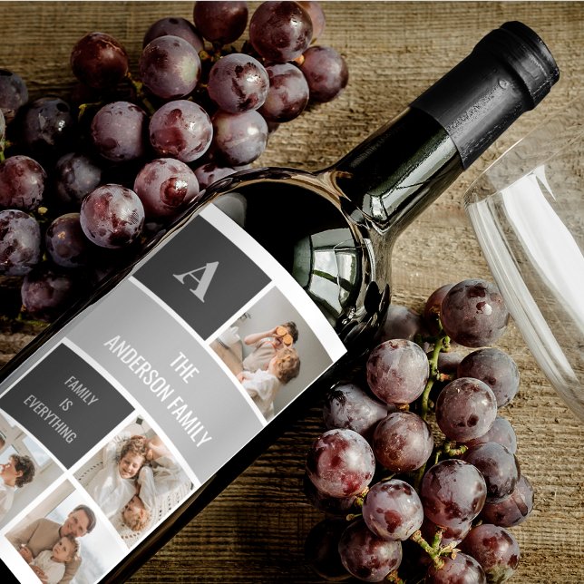 Moden 3Collage Foto & Grau Bestes Familiengeschenk Weinetikett (Von Creator hochgeladen)