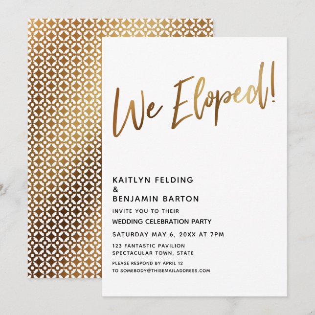 Moden We Eloping Gold Handwriting Empfang Einladung (Vorne/Hinten)