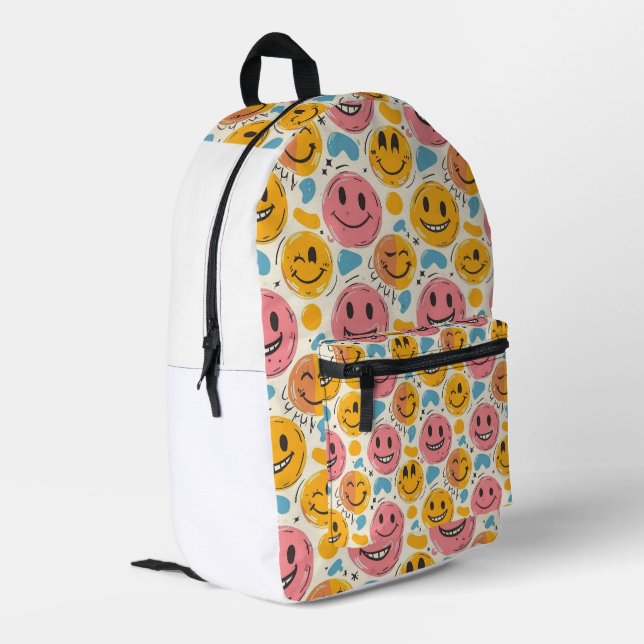 Modeparade: Farbenfrohe Smiley-Rucksack Bedruckter Rucksack (Rückseitige Ecke links)