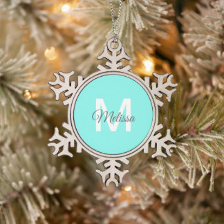 Moder chic minimalalist monogram Turquoise aqua bl Schneeflocken Zinn-Ornament