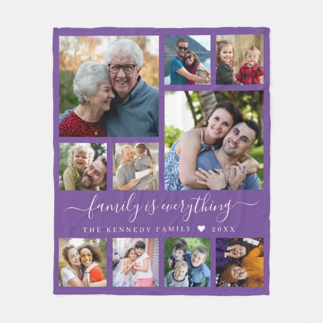 Modern 10 Photo Collage Family Name Quote  Purple Fleecedecke (Vorderseite)