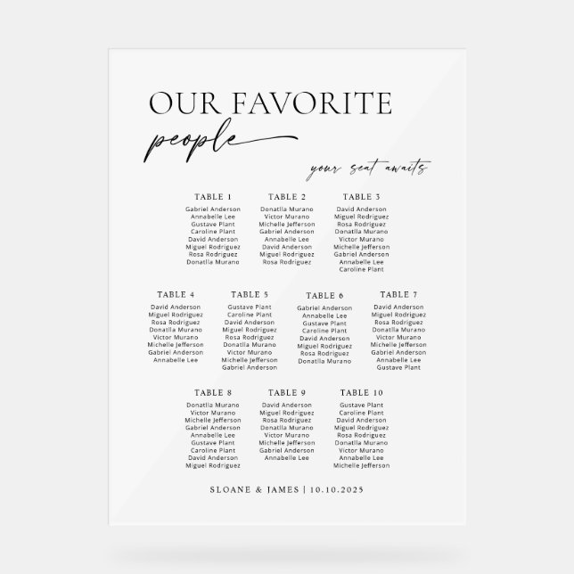 Modern 10 Tables Welcome Seating Chart Acrylschild (Vorderseite)
