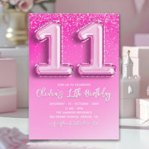 Modern 11th Birthday Girl with Pink Number Balloon