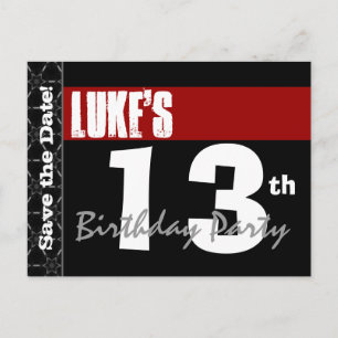 Modern 13. Geburtstag Save the Date Red Black V03 Ankündigungspostkarte