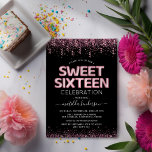 Modern 16 . Geburtstag 16. Geburtstagsparty Einladung<br><div class="desc">Moderne Einladungen zum 16. Geburtstag mit einem stilvollen schwarzen Hintergrund,  rosa Glitzer und Konfetti,  16 . Geburtstag rosa Helliumballons und einer leicht zu personalisierenden Weihnachtsvorlage.</div>