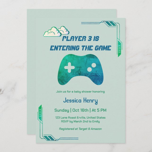 Modern 1974 Video Game Player 3 Gaming Baby Shower Einladung (Vorne/Hinten)