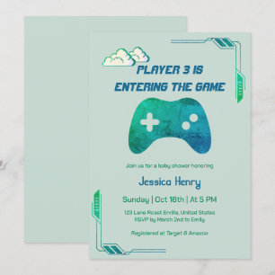 Modern 1974 Video Game Player 3 Gaming Baby Shower Einladung