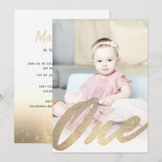 Modern 1. Geburtstag Gold Glitzer Girls Foto Einladung