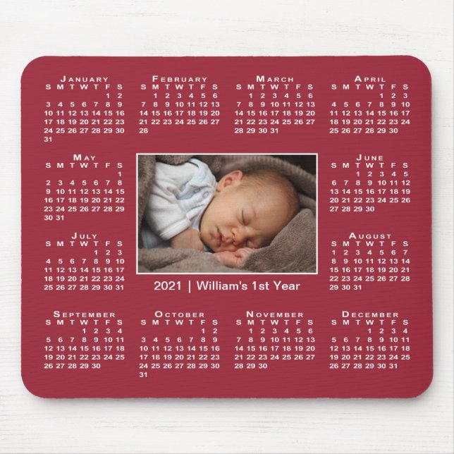 Modern 2021 Kalender Ihr Foto Name auf Burgund Mousepad (Vorne)