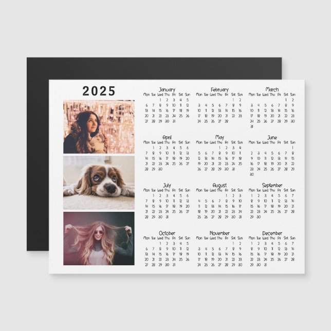 Modern 2025 Kalender 3 Fotocollage Magnet Card (Vorne/Hinten)