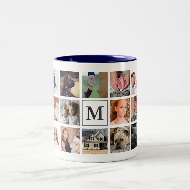 Modern 20-Familie Foto Collage| Monogramm Zweifarbige Tasse (Mittel)