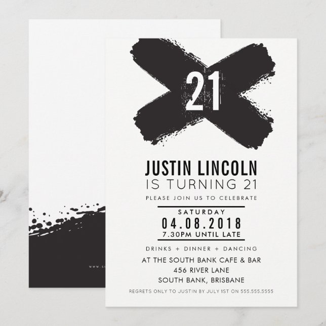 MODERN 21. Geburtstag Party Schwarze Pinselstriche Einladung (Vorne/Hinten)