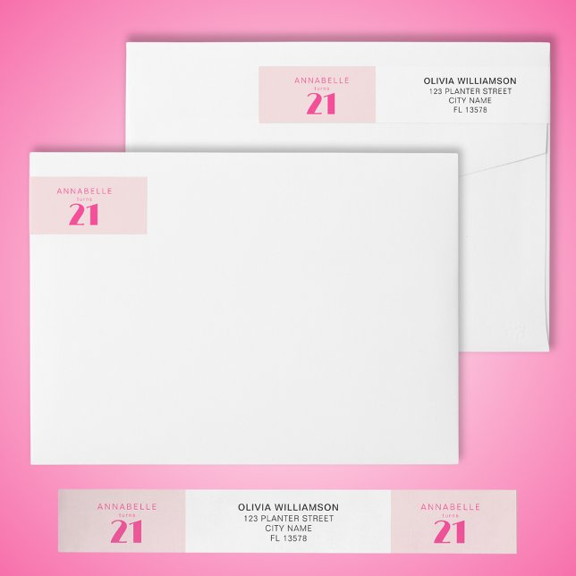 Modern 21. Rosa Geburtstagsparty (Modern pink wrap around return address labels for modern pink girls 21st twenty one birthday)