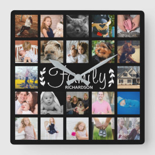 Modern 22 Family Photo Collage & Name Quadratische Wanduhr