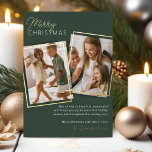 Modern 2 Foto Weihnachten Folien Feiertagskarte<br><div class="desc">Stilvolle Weihnachtskarte mit moosgrünem Hintergrund,  2 Fotos,  die Sie durch Ihre eigenen,  echten Goldfolienrahmen ersetzen können,  die Frohe Festtage "fröhliche Weihnachten",  eine personalisierte Nachricht und Ihren Familiennamen.</div>