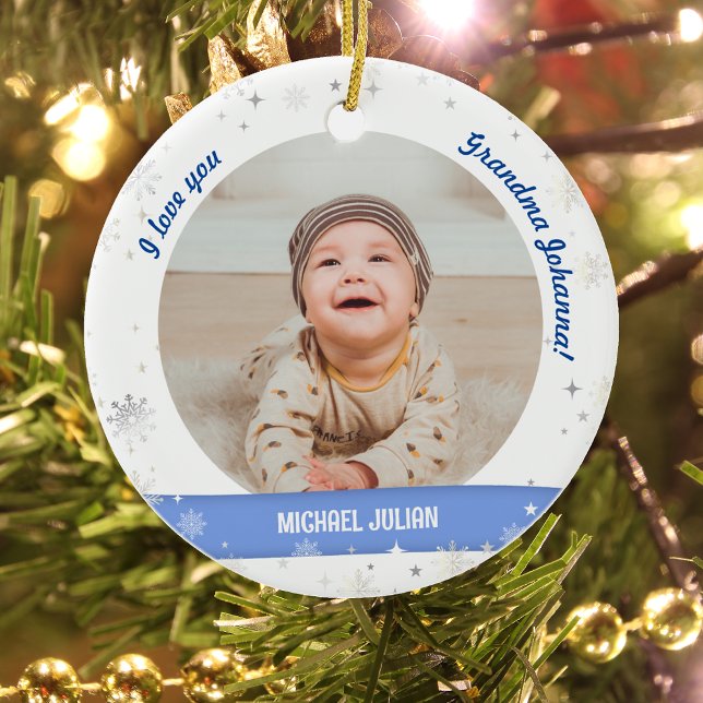 Modern 2 Fotos Baby Boy First Christmas Oma Keramik Ornament (Modern, Cute, Elegant I love you, Grandma! First Christmas Newborn Baby Boy. 2 Photos. Snowflakes)
