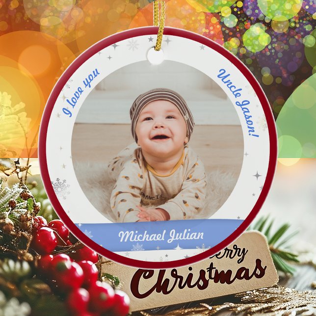 Modern 2 Fotos Baby Boy First Christmas Onkel Keramik Ornament (Modern Elegant Cute First Christmas Baby I love you Uncle Name 2 Photos Snowflakes Stars Red Frame)