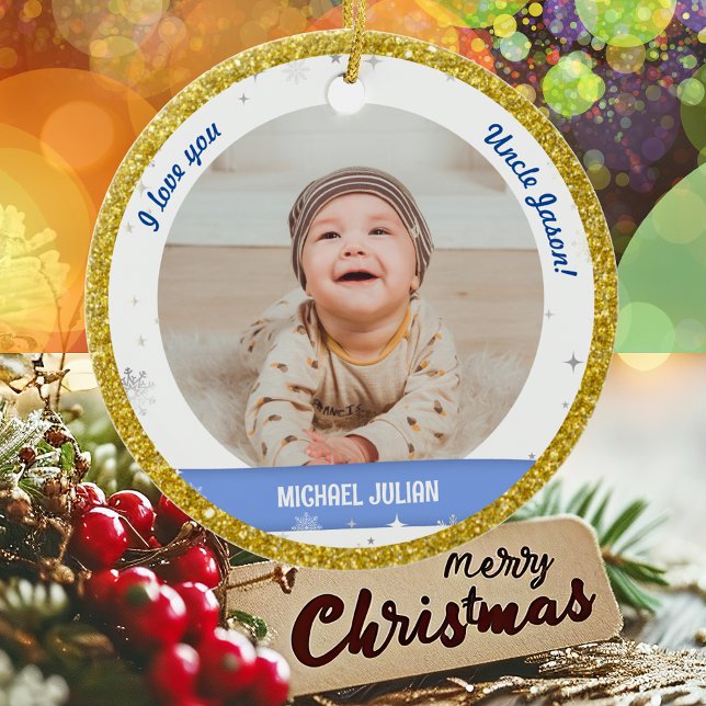 Modern 2 Fotos Baby Boy First Christmas Onkel Keramik Ornament (Modern Elegant Cute I love you, Uncle! First Christmas Baby Boy 2 Photos Golden Faux Glitter Snow)