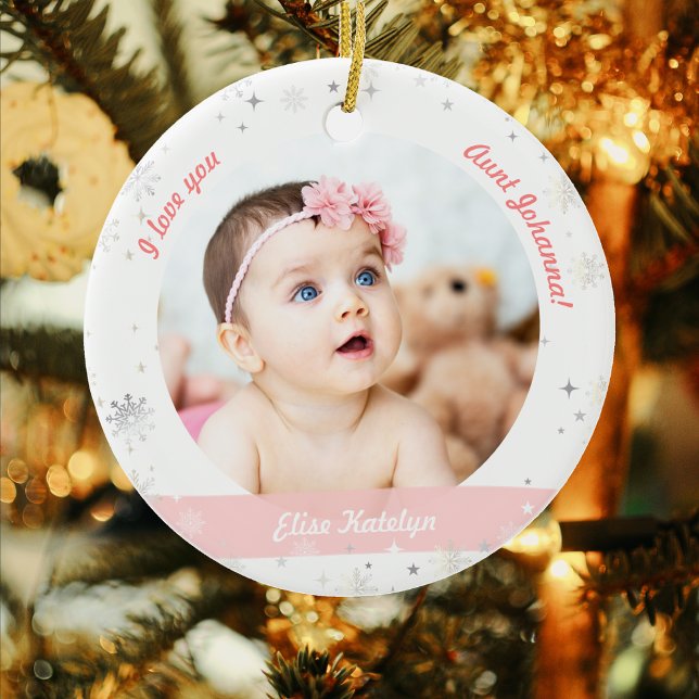 Modern 2 Fotos Baby Girl Erstes Weihnachtsfest Keramik Ornament (Elegant Cute Modern My First Christmas Baby Girl I love you Aunt Year 2 Photos Snowflakes Stars)