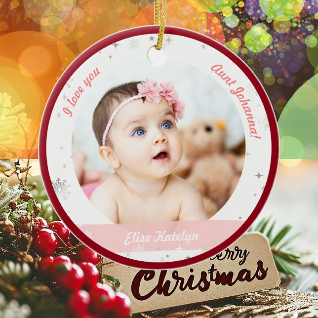 Modern 2 Fotos Baby Girl Erstes Weihnachtsfest Keramik Ornament (Modern Elegant Cute First Christmas Baby Girl I love you Aunt Auntie Name 2 Photos Snowflakes Stars)