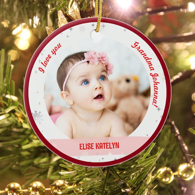 Modern 2 Fotos Baby Girl Keramik Ornament (Cute Modern Elegant Personalized First Christmas Baby We love you Grandma Twin Girls 2 Photos Snow)