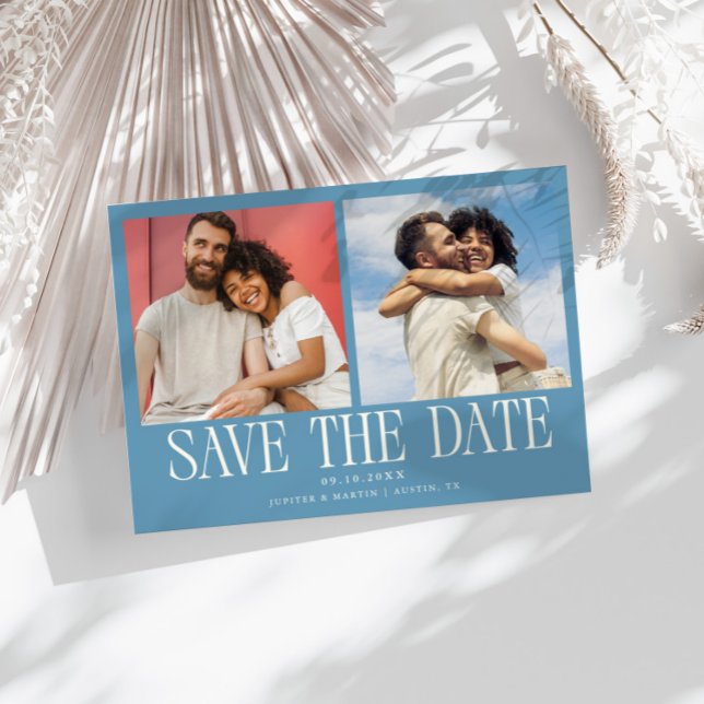 Modern 2-Photo Denim Blue Wedding Save The Date (Von Creator hochgeladen)