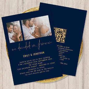 Modern 2 Photo QR Code Navy Gold Wedding Einladung