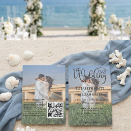 Modern 2 Photo QR Code Romantic Script Wedding Inv Einladung