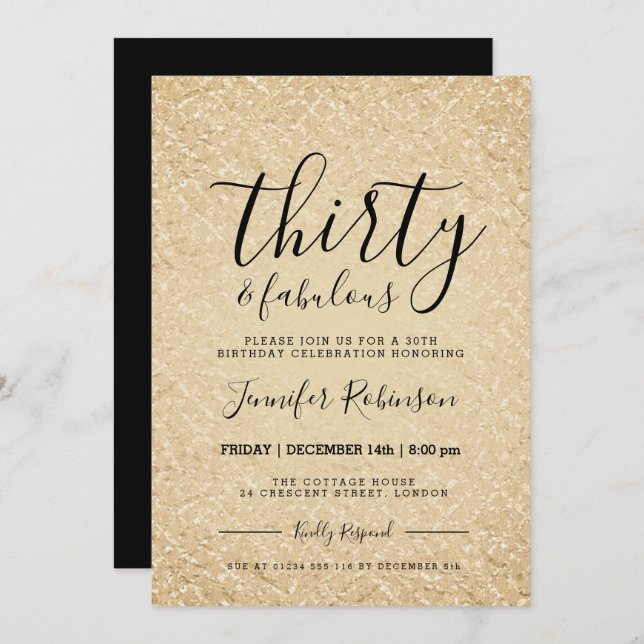 Modern 30. Geburtstag Gold Glitzer Glam Einladung (Vorne/Hinten)