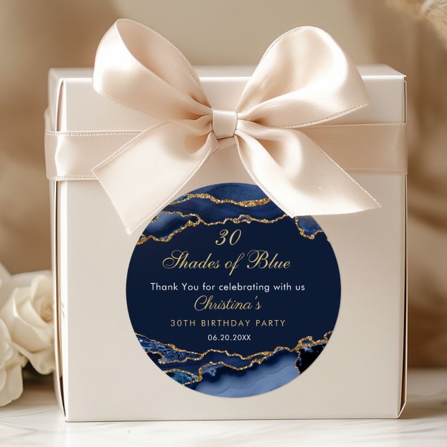 Modern 30 Shades of Blue Birthday Party  Runder Aufkleber (30 Shades of Blue Birthday Party Invitation)