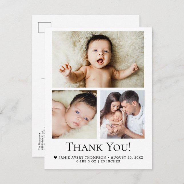 Modern 3 Baby Foto Birth Stats Vielen Dank Postkarte (Vorne/Hinten)