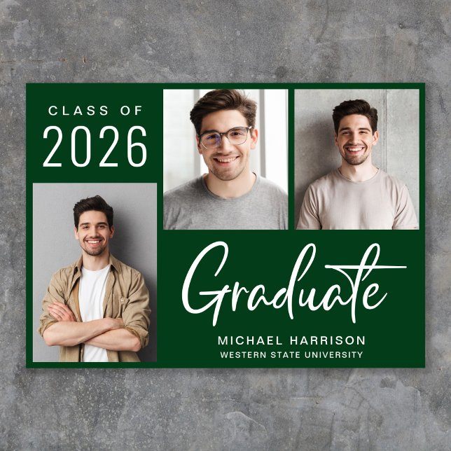 Modern 3 Foto Bold Script Green Abschluss Ankündigung (Cherish the milestone: share your graduate's achievement with a custom photo graduation announcement)
