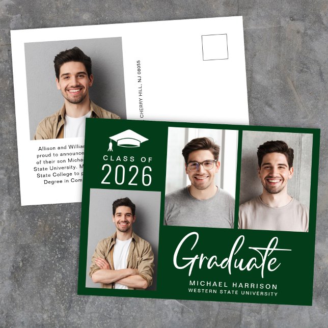 Modern 3 Foto Bold Script Green Abschluss Ankündigungspostkarte (Cherish the milestone: share your graduate's achievement with a custom photo graduation announcement)