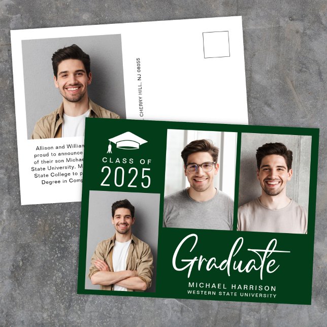 Modern 3 Foto Bold Script Green Abschluss Ankündigungspostkarte (Cherish the milestone: share your graduate's achievement with a custom photo graduation announcement)