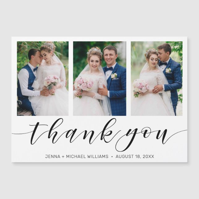 Modern 3 Foto Collage Black Script Hochzeit Dank Magnetkarte (Vorderseite)