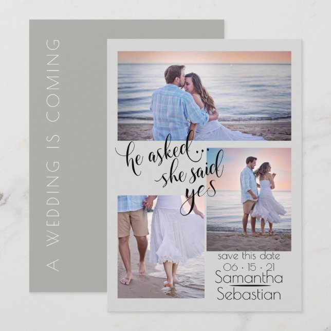 Modern 3 Foto sagte sie Save the Date Ja Einladung (Vorne/Hinten)