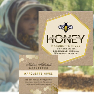 Modern 3D Yellow Hexagon Stylized Bee Honey Kraft Quadratische Visitenkarte