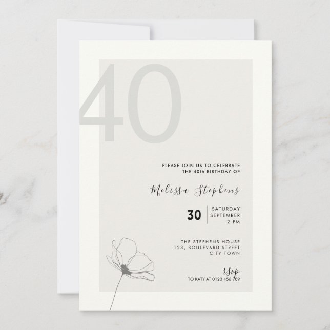 Modern 40th Birthday Invitation - Minimal Style Einladung (Vorderseite)