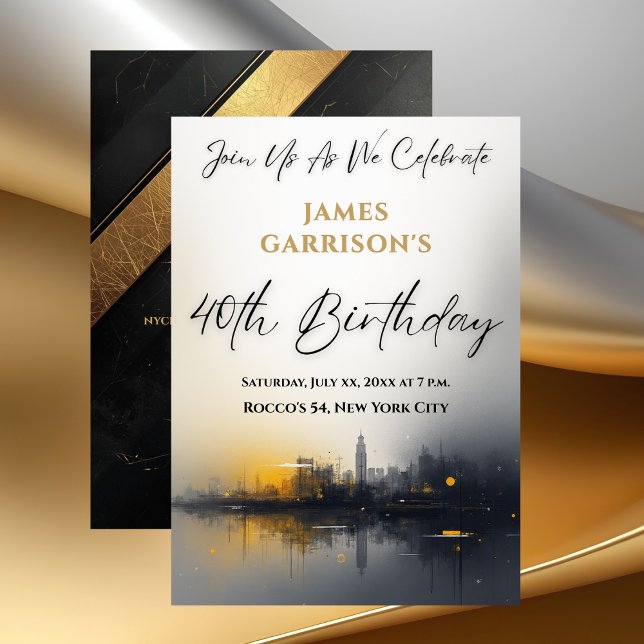 Modern 40th Birthday Party Black with Gold Einladung (Modern 40th Birthday Party Black with Gold Invitation)