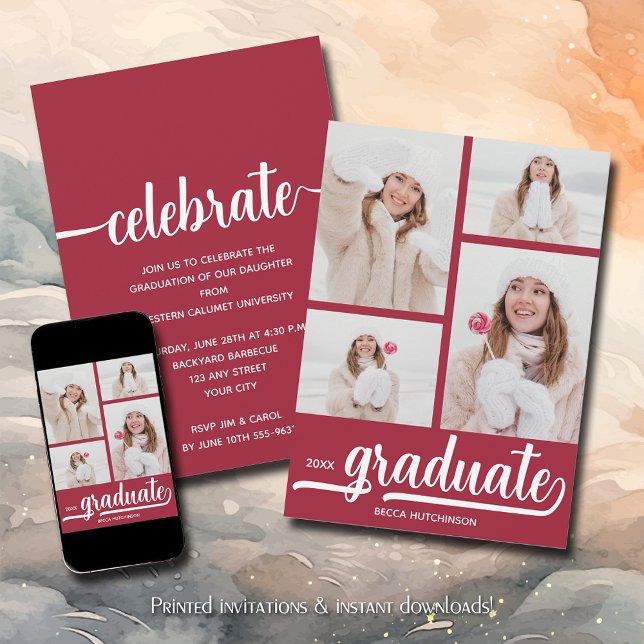 Modern 4 Foto Collage Crimson Red Abschluss Einladung (Modern 4 photo collage crimson red graduation party invitations)