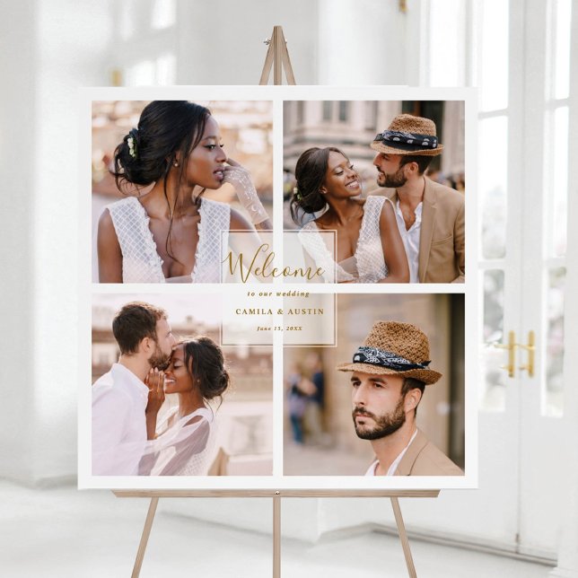 Modern 4 Foto Collage Gold Wedding Welcome Square Poster (Von Creator hochgeladen)