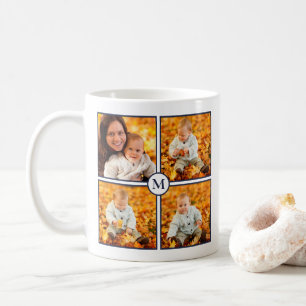 Modern 4 Foto Collage Navy Blue Monogramm auf Weiß Kaffeetasse