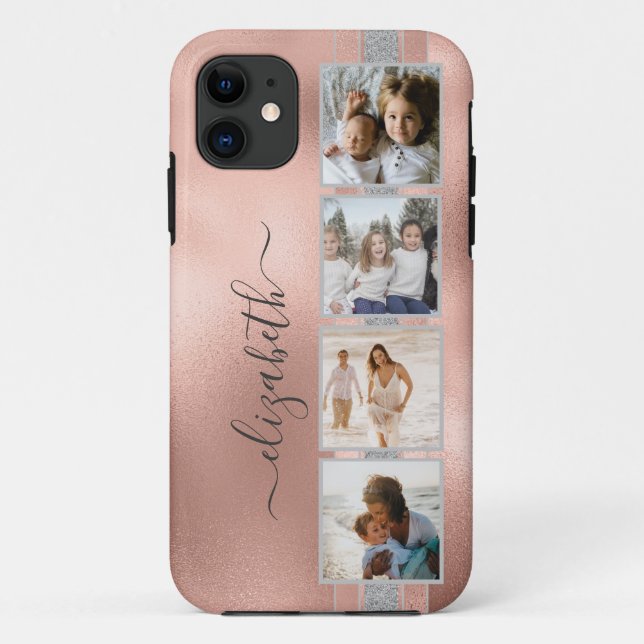 Modern 4 Foto Collage Rose Gold Name Case-Mate iPhone Hülle (Rückseite)