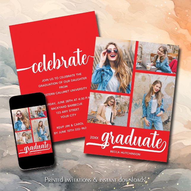 Modern 4 Foto Collage Roter Abschluss Einladung (Modern 4 photo collage red graduation party invitations)