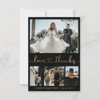 Modern 4 Foto Gold Heart Script Wedding Vielen Dan Dankeskarte