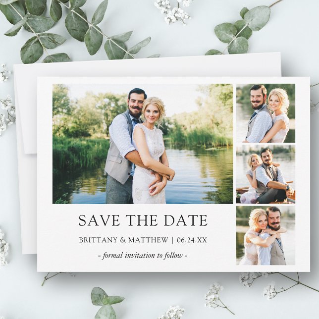 Modern 4 Foto Minimalistisch einfach Save The Date (Customize to change text size, style or to add more text & photos to back of card.)