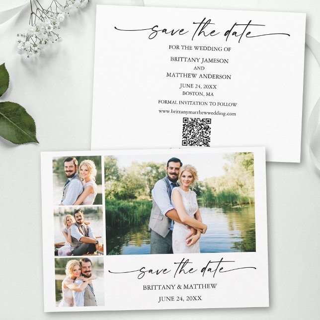 Modern 4 Fotos Minimalistischer Tintenstift mit QR Save The Date (Add your wedding website or social media web address to the QR Scan Code.)