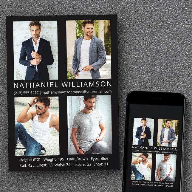 Modern 4 Fotos Pro Modell Actor Comp Card Einladung (Customize to change background color, text size, style or to add more photos to back of card.)