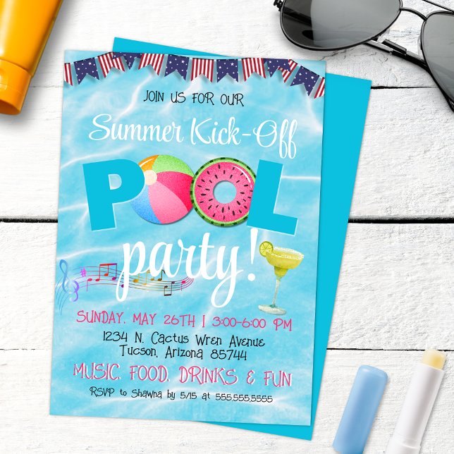 Modern 4. Juli Patriotic Pool Party Einladung (Fun Colorful Summer Pool Party Invitation with Modern Music, Margaritas and Music)