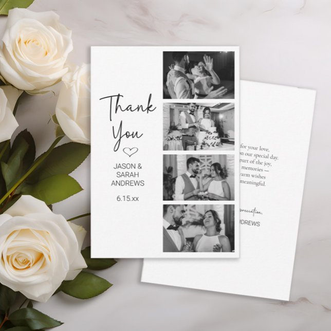 Modern 4 Photo Black White Filmstrip Wedding  Dankeskarte (Modern black and white 4 photo filmstrip-style wedding thank you card)